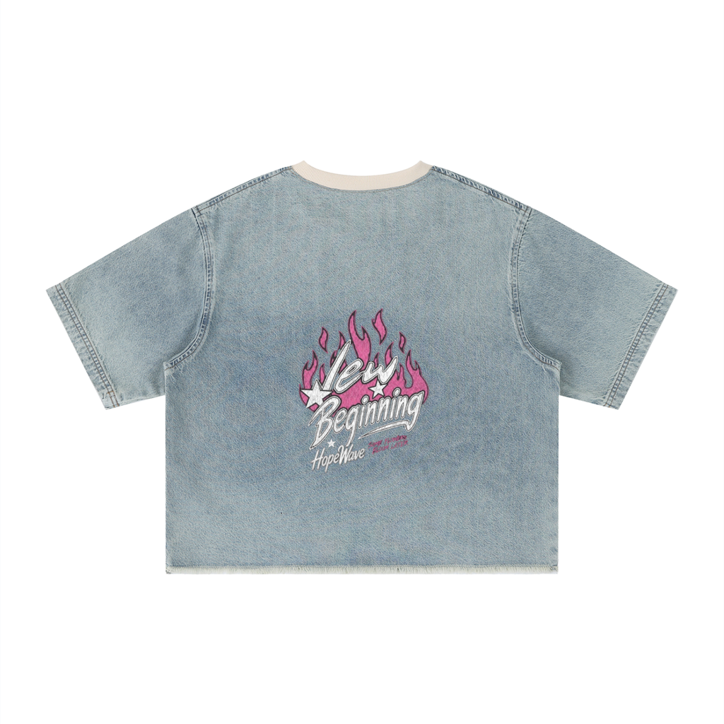 Unisex Vintage Wash Boxy Raw Hem Denim T-Shirt