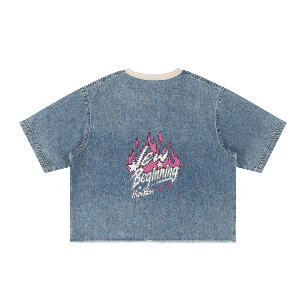 Unisex Vintage Wash Boxy Raw Hem Denim T-Shirt