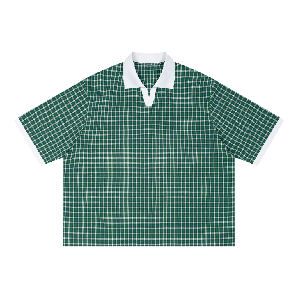 Unisex Boxy Plaid Color Block Polo Shirt