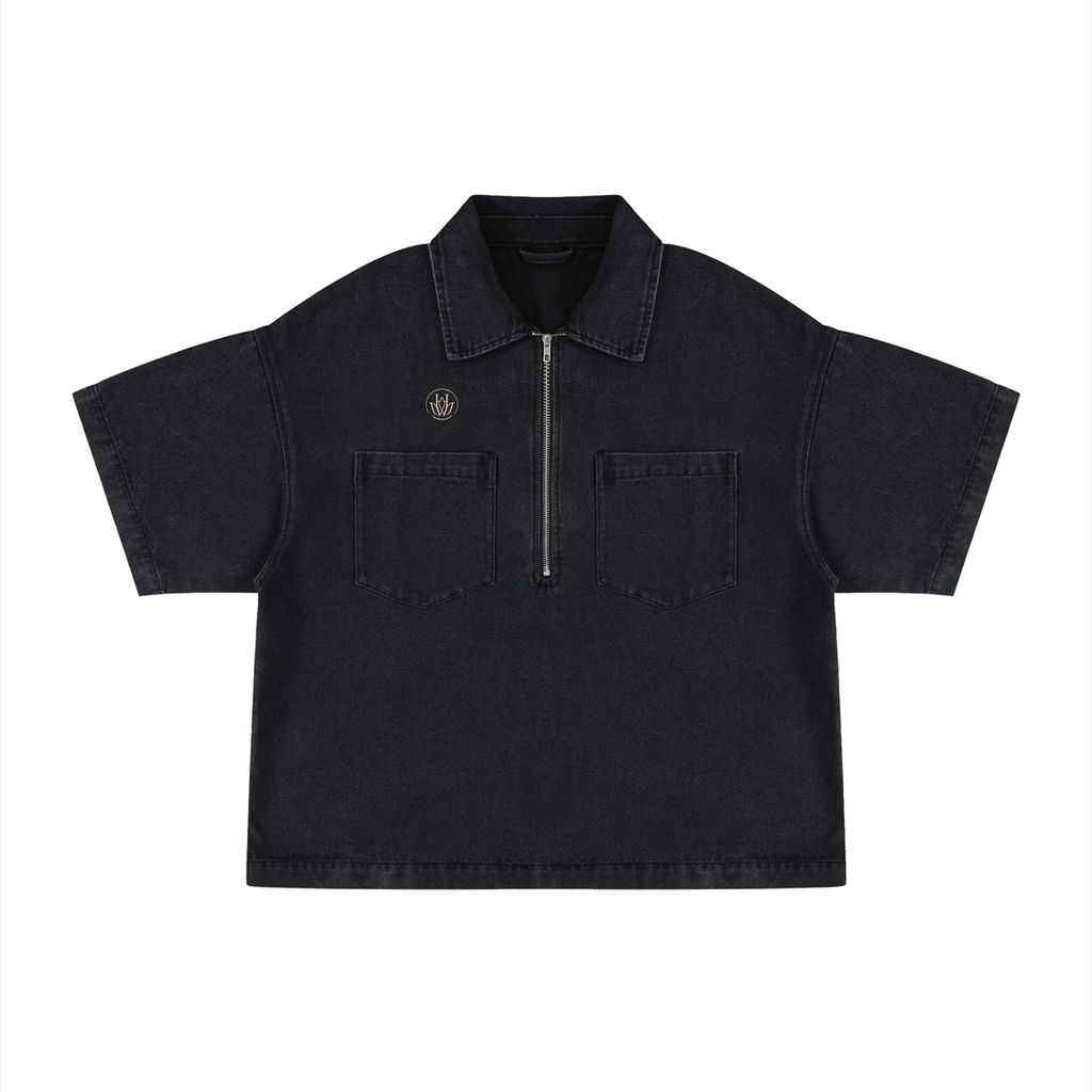 Unisex Vintage Wash Boxy Quarter-Zip Denim Shirt