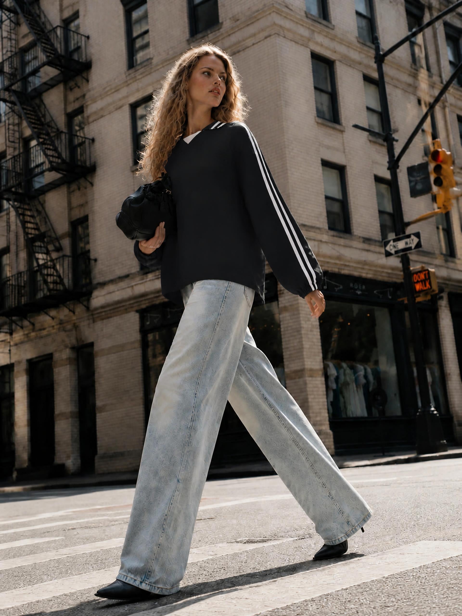 Contrast Striped Lapel Collar Sweatshirt