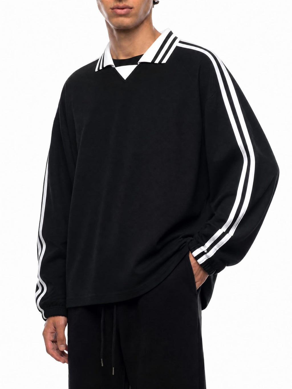 Contrast Striped Lapel Collar Sweatshirt