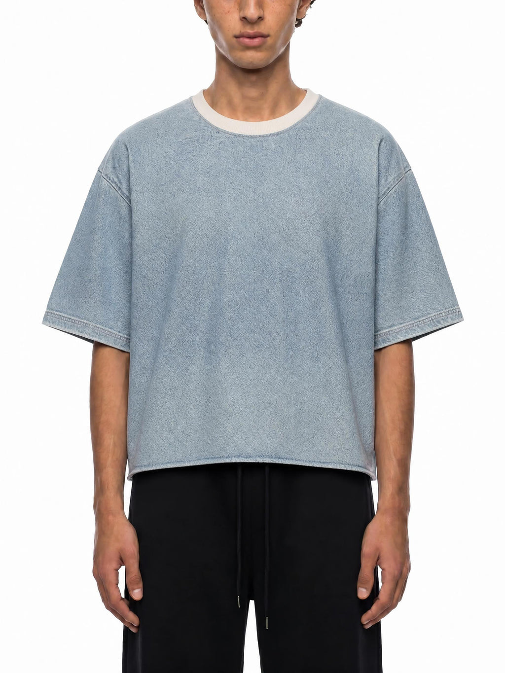 Unisex Vintage Wash Boxy Raw Hem Denim T-Shirt