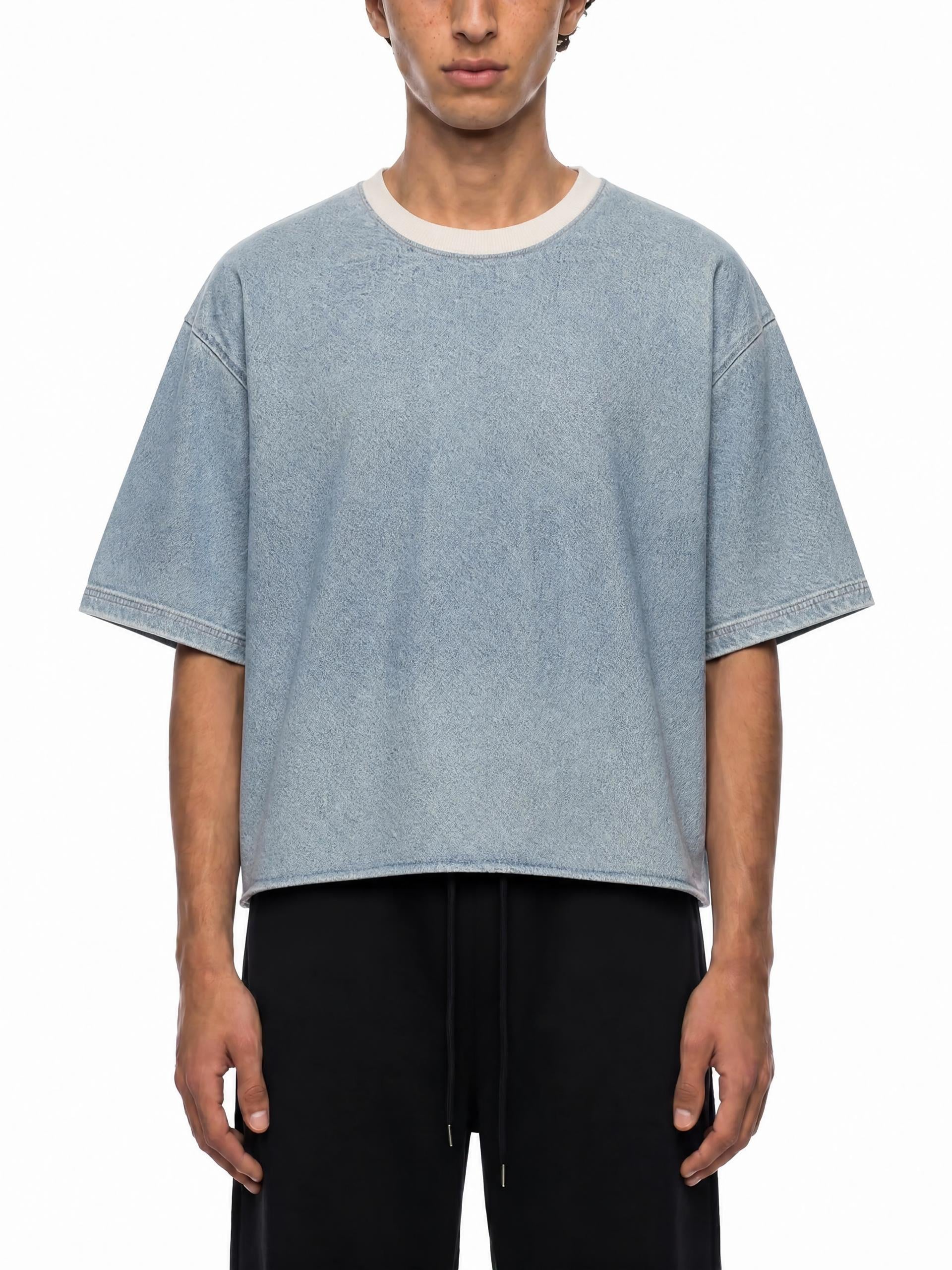 Unisex Vintage Wash Boxy Raw Hem Denim T-Shirt