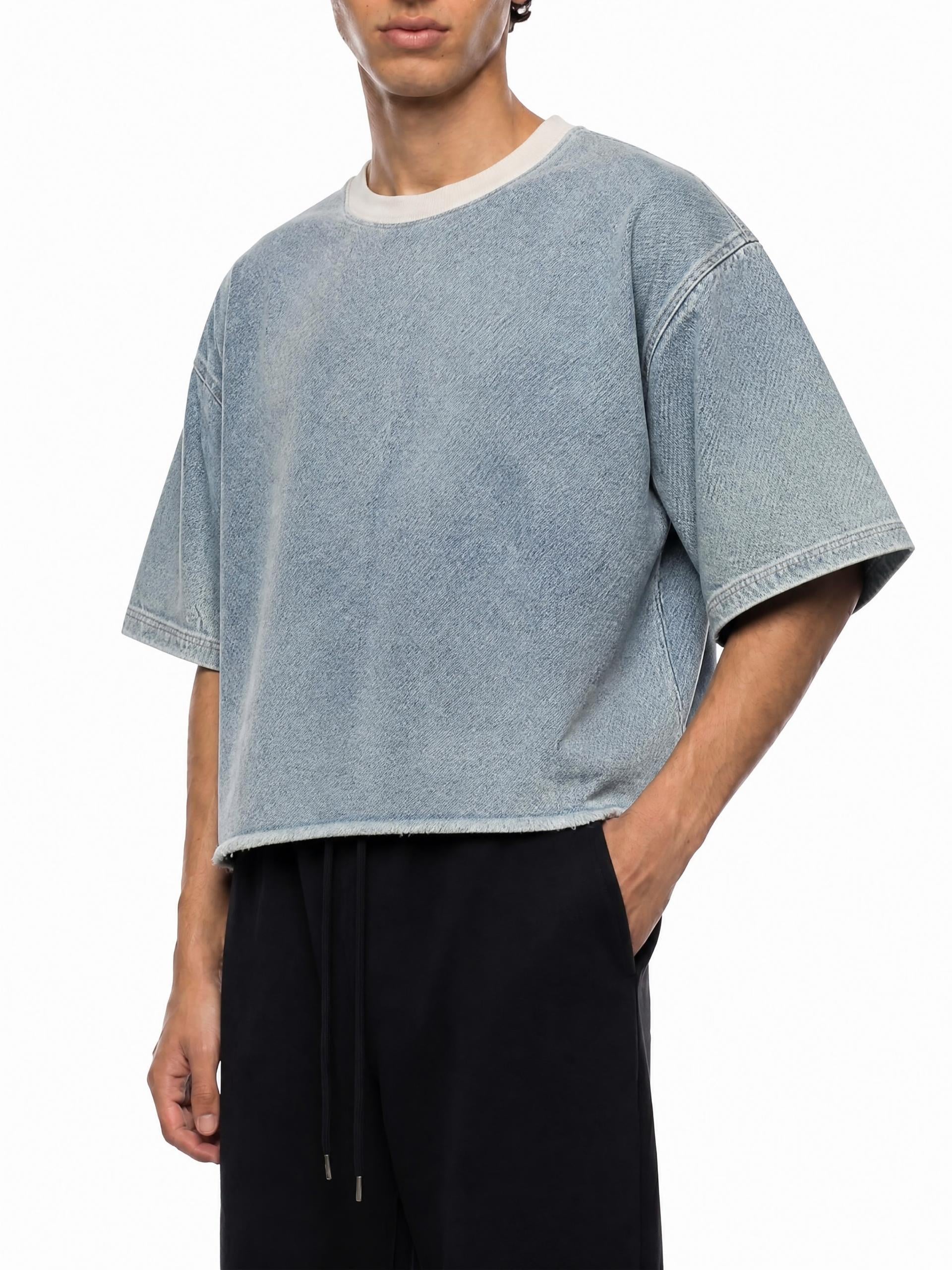 Unisex Vintage Wash Boxy Raw Hem Denim T-Shirt