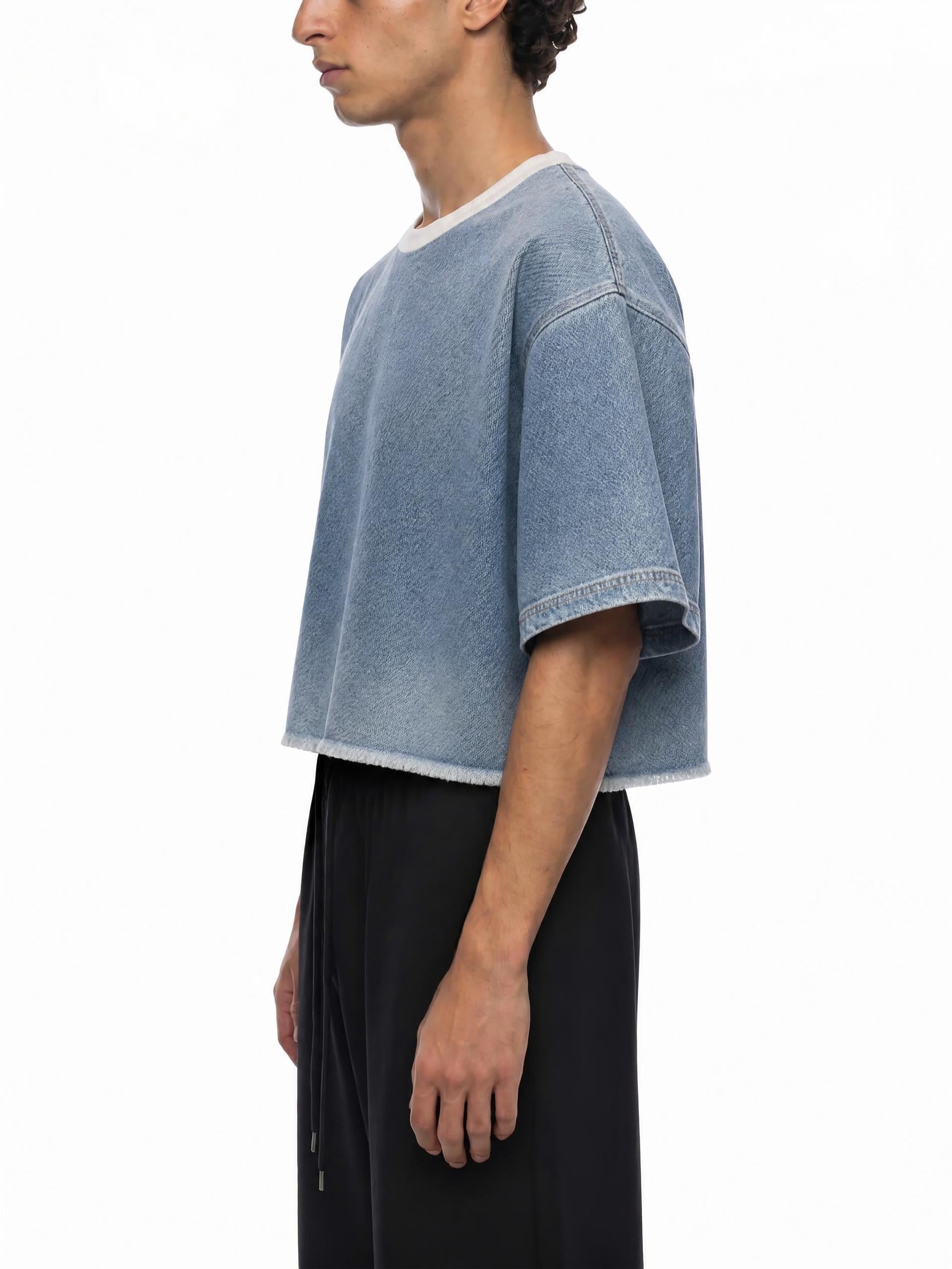 Unisex Vintage Wash Boxy Raw Hem Denim T-Shirt