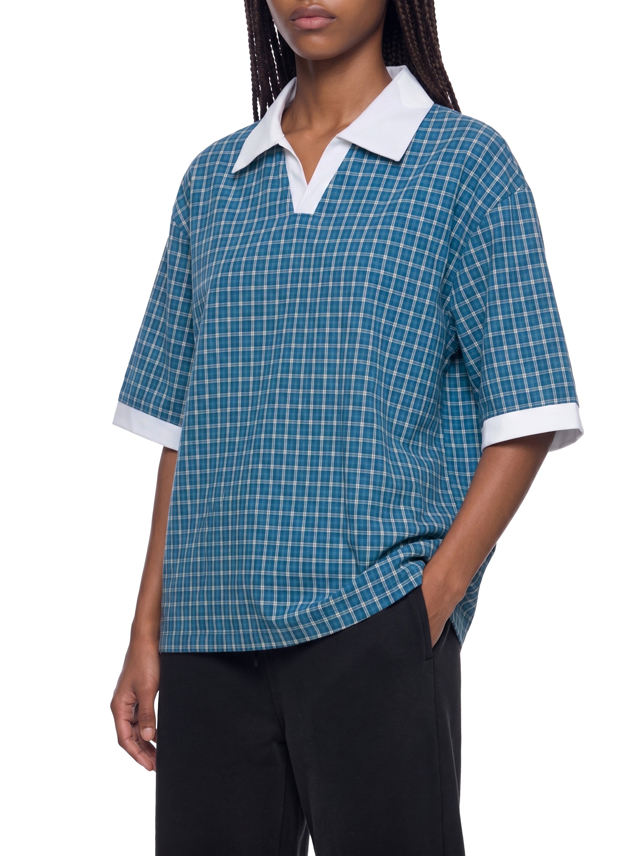 Unisex Boxy Plaid Color Block Polo Shirt