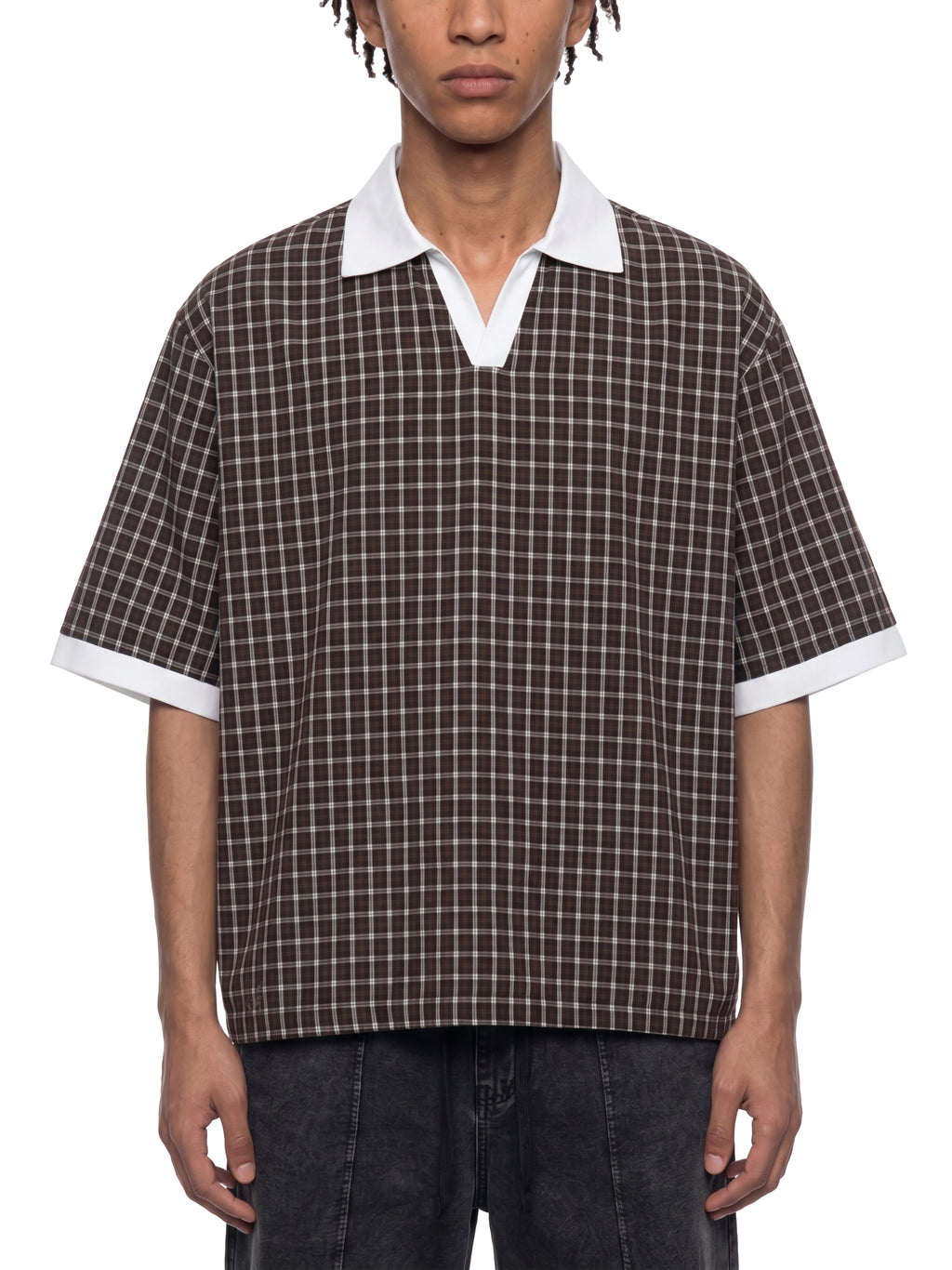 Unisex Boxy Plaid Color Block Polo Shirt