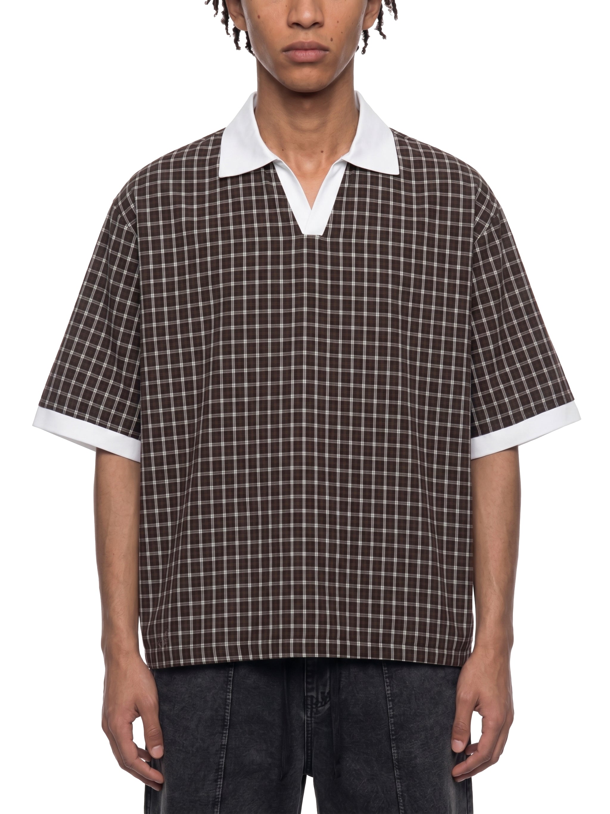 Unisex Boxy Plaid Color Block Polo Shirt