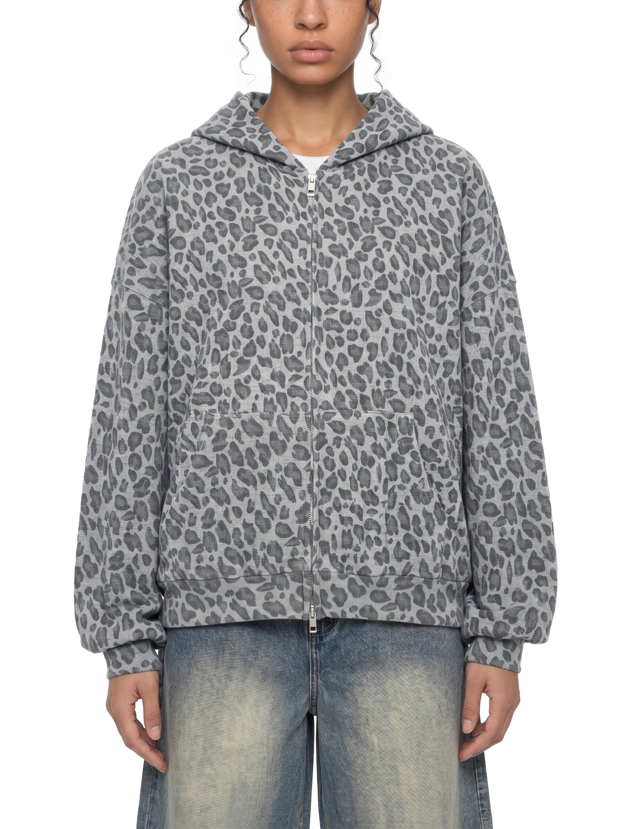 Unisex Vintage Wash Leopard Full Zip Hoodie
