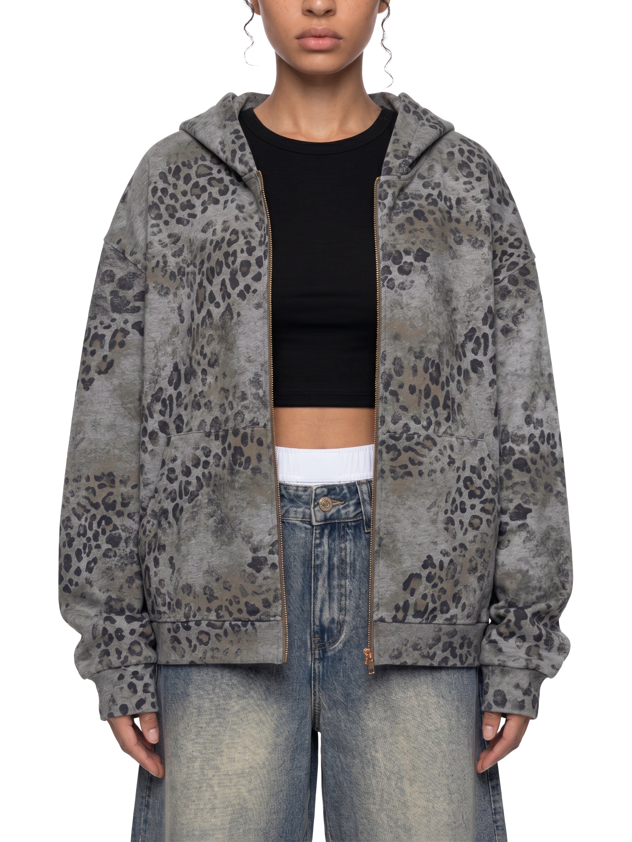 Unisex Vintage Wash Leopard Full Zip Hoodie