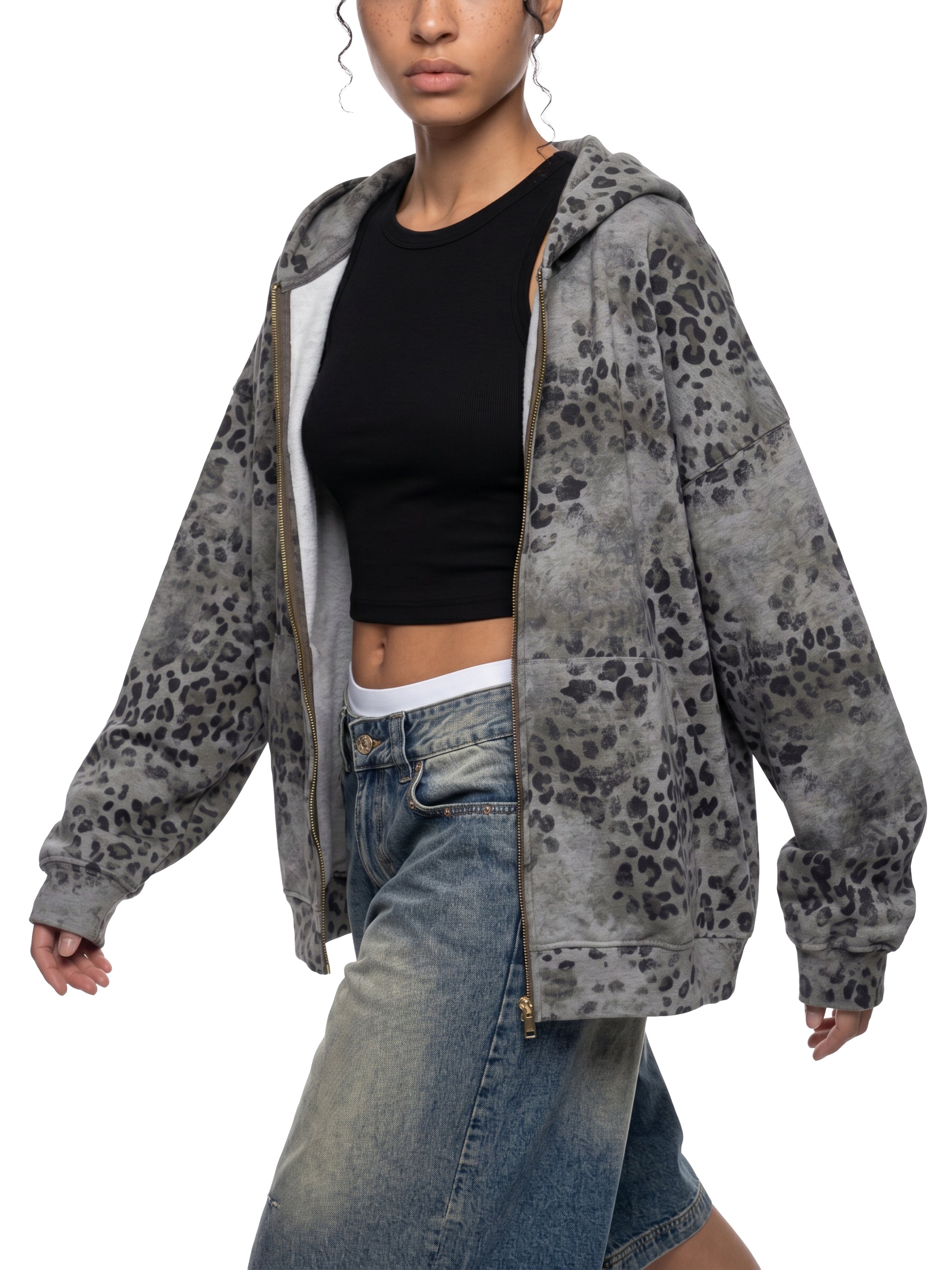 Unisex Vintage Wash Leopard Full Zip Hoodie