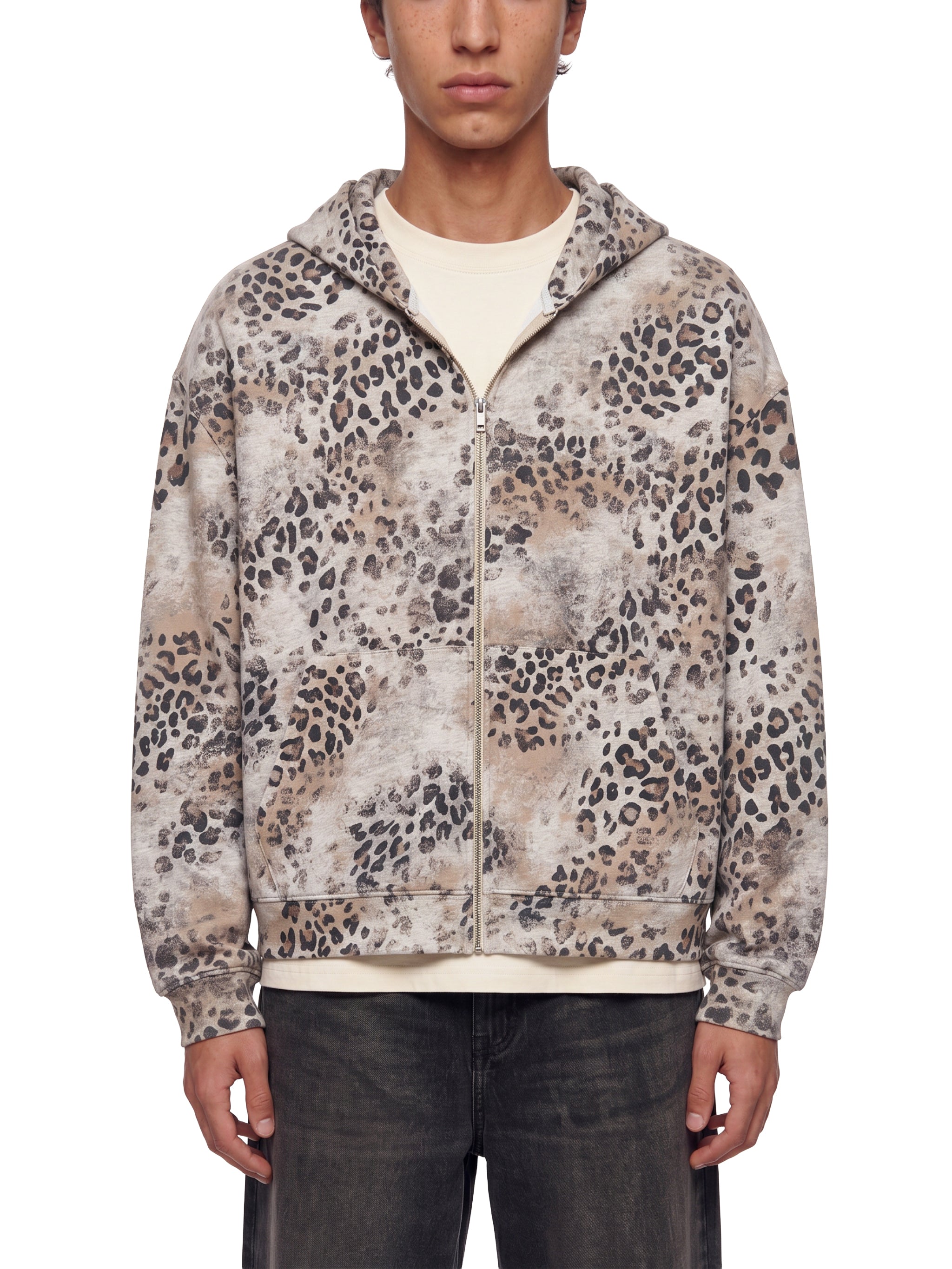 Unisex Vintage Wash Leopard Full Zip Hoodie